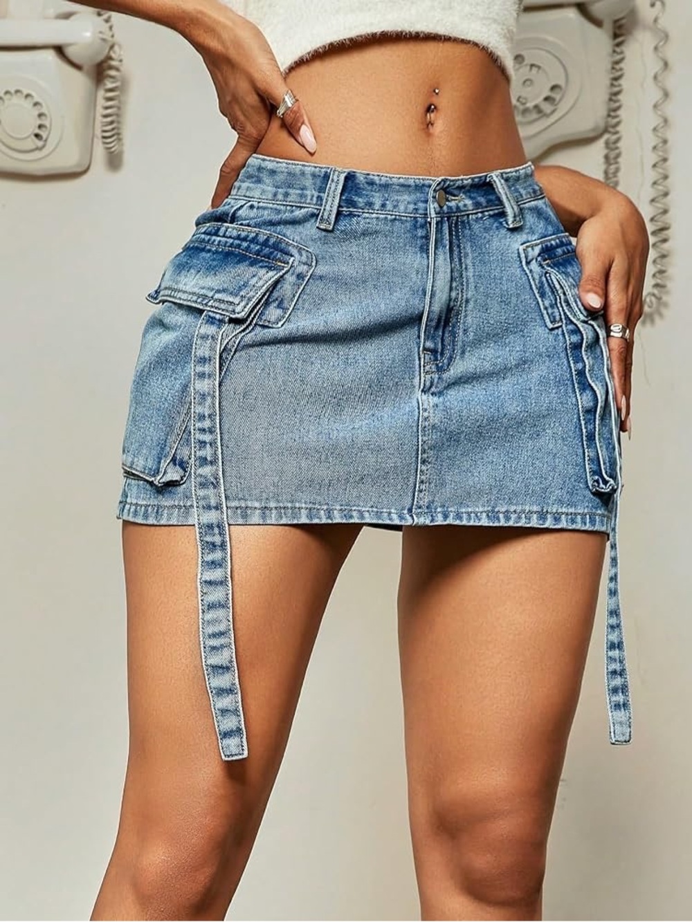 Light Wash Denim Cargo Mini Skirt with Strap Details